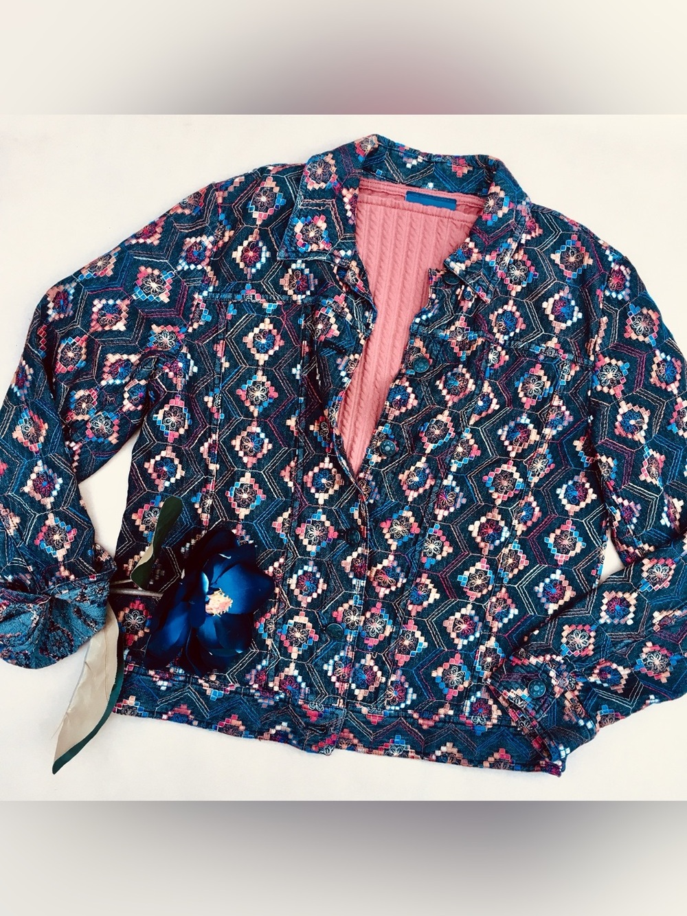 Vintage ❉ Coldwater Creek Embroidered Denim Jacket in Black Multi XS Small
